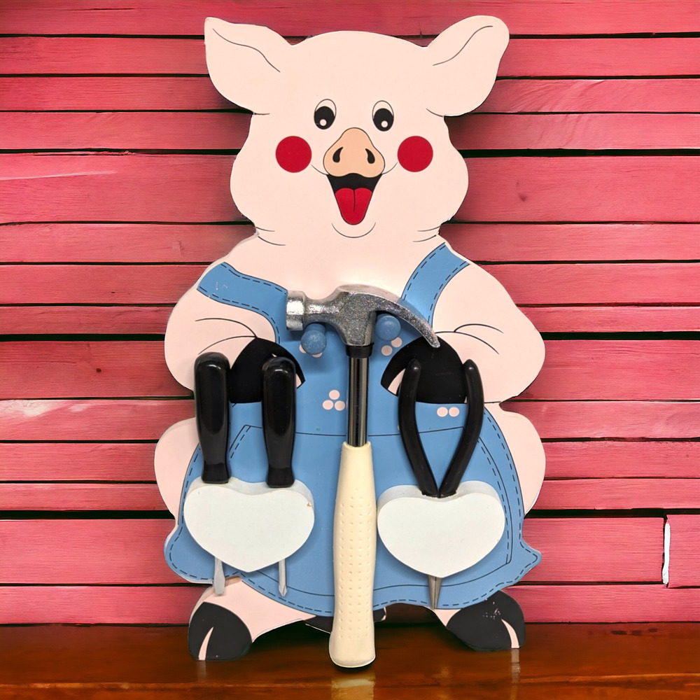 Pig Wood Tool Holder Wall Hung Hammer 2 Screwdrivers Needle Nose Pliers PIggy